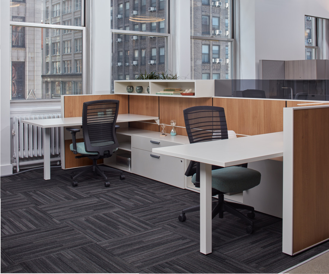 Preview of Matrix Panel System with Laminate Tiles, Recessed Frameless Glass Mounted Screens, and Natick Task Seating, Calibrate Storage Lateral Files