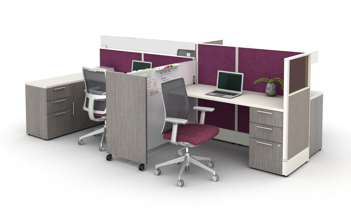Preview of Divi Open Plan Workstations with Custom Mobile Whiteboard and Calibrate Storage.&nbsp; Shown with Devens Task Seating.