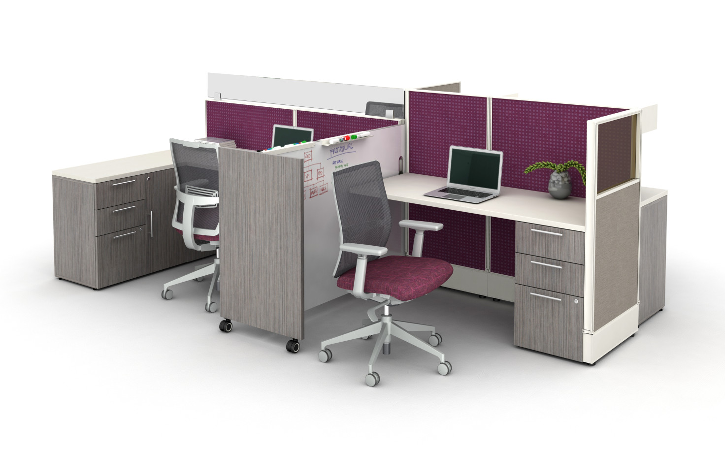 Preview of Divi Open Plan Workstations with Custom Mobile Whiteboard and Calibrate Storage.&nbsp; Shown with Devens Task Seating.