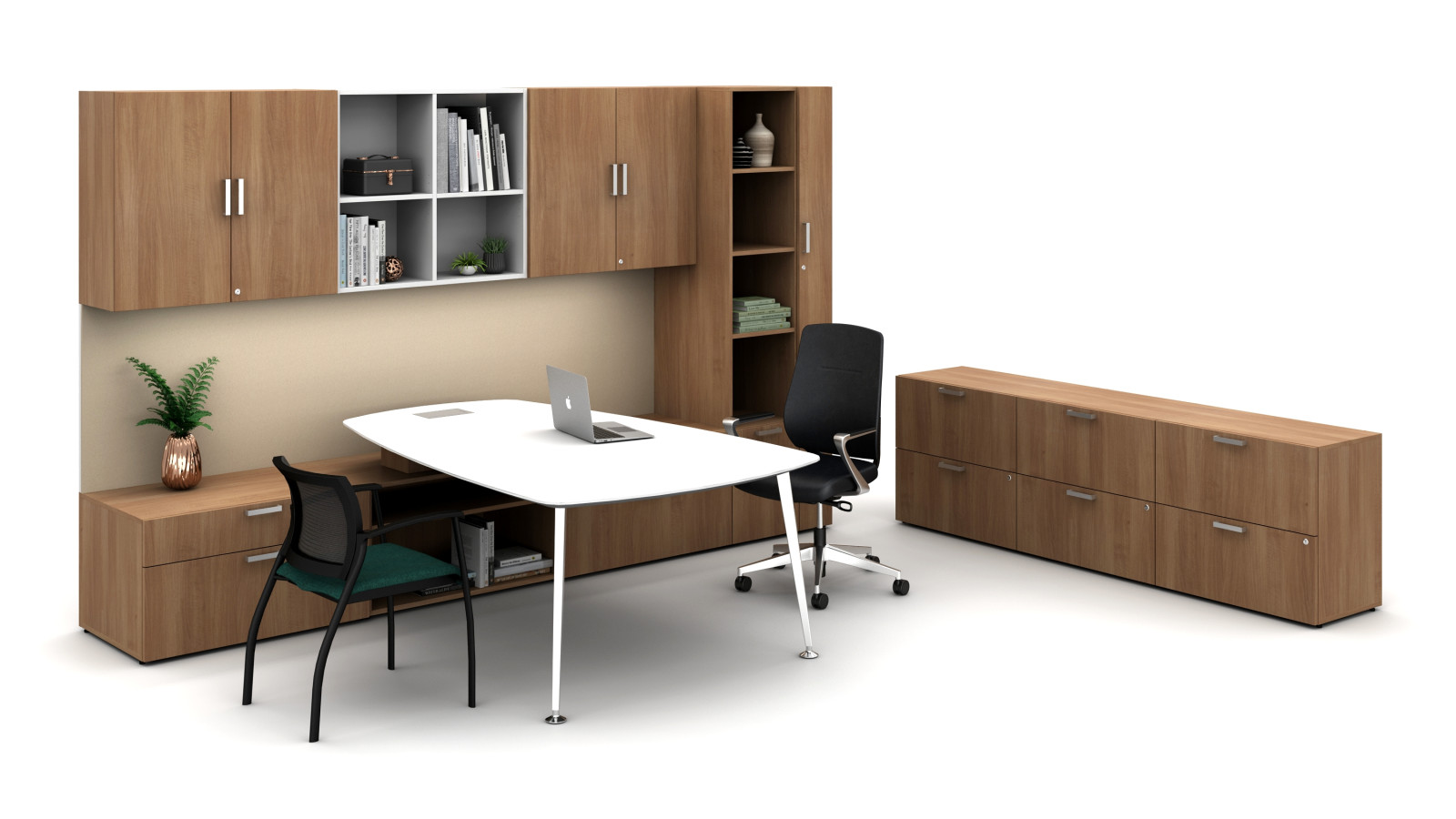 Preview of Laminate Spotlight: Brazilwood on Calibrate Series Casegoods Private Office with Pebble Top Desk, Auburn Executive Seating, Grafton Side Seating