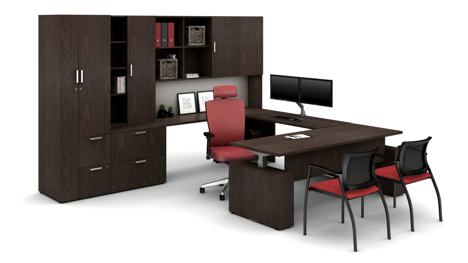Preview of Laminate Spotlight: Corporate Walnut on Calibrate Series Casegoods Private Office with Height Adjustable Desk, Natick Executive Seating, Grafton Side Seating