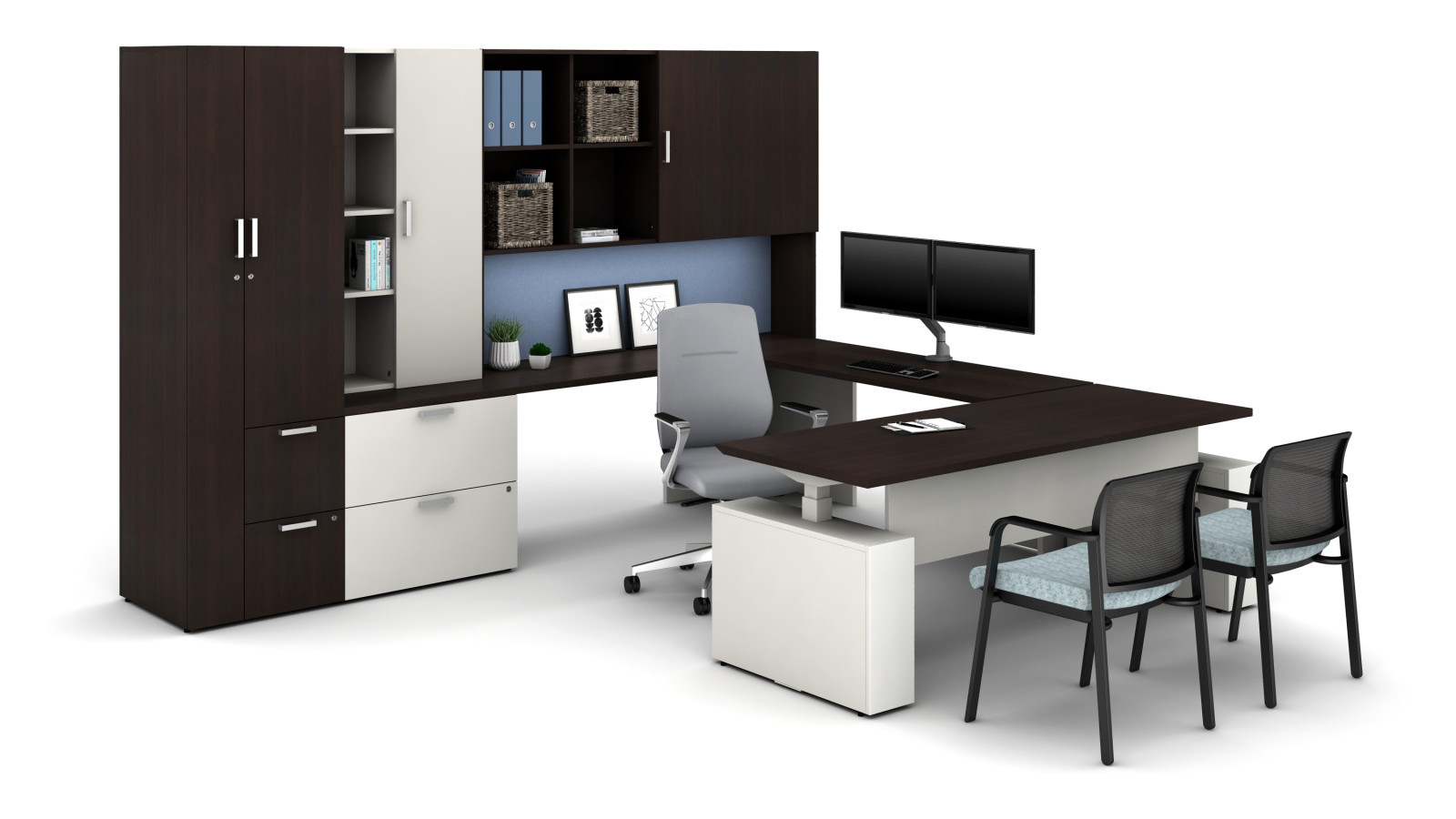 Preview of Laminate Spotlight: Nightfall on Calibrate Series Casegoods Private Office with Height Adjustable Desk, Auburn Executive Seating, Paxton Side Seating