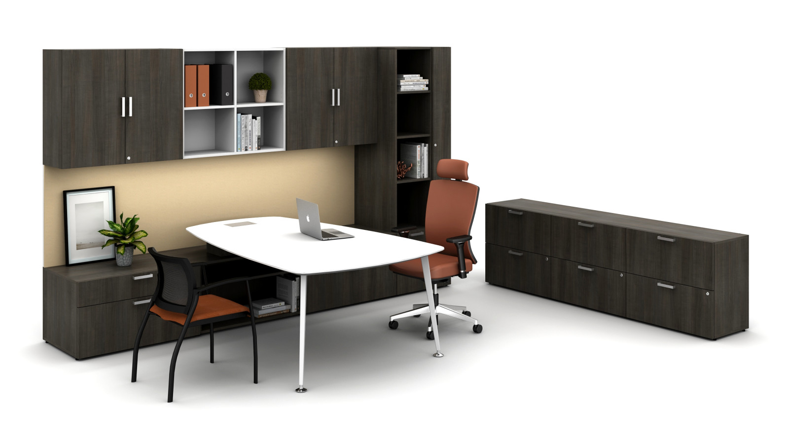 Preview of Laminate Spotlight: Trytoo Savatre on Calibrate Series Casegoods Private Office with Pebble Top Desk, Natick Executive Seating, Grafton Side Seating