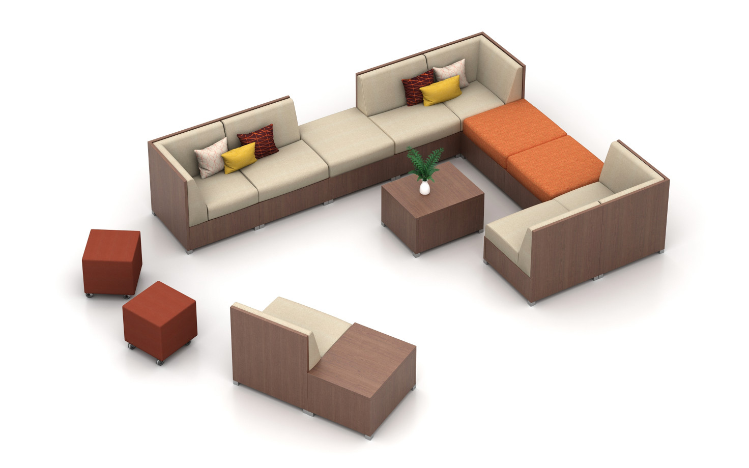 Preview of LB Closed Base Lounge Application with 42” H Back and LB Backless.&nbsp; Shown with Volker Seating and LB Laminate Tables 