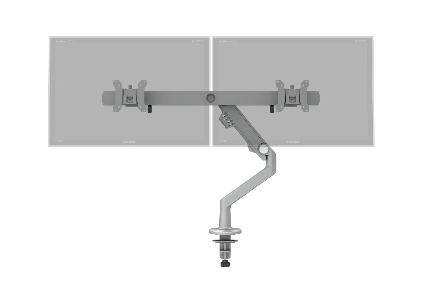 Preview of Standard Series Dual Monitor Arm for Shallow Depth Worksurfaces, front ghosted monitor view