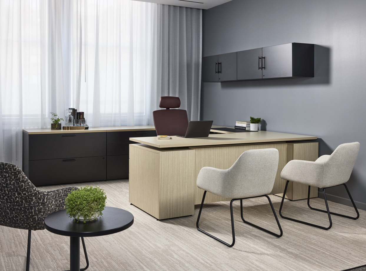 Preview of AIS NY Showroom, Calibrate Private Office, Height Adjustable Desk, Storage, Natick Executive, Juggle Side Chair