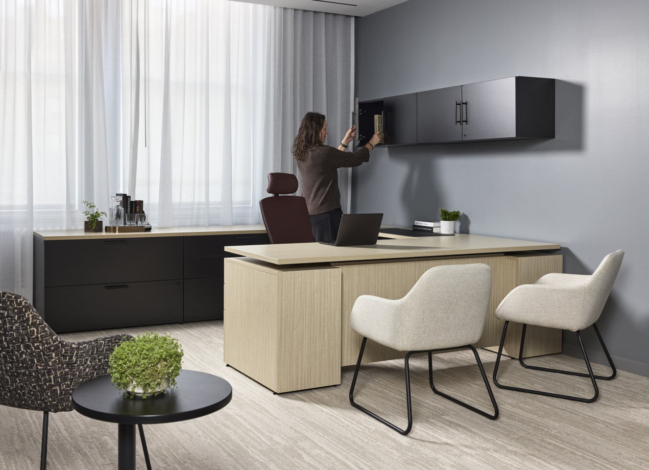 Preview of AIS NY Showroom, Calibrate Private Office, Height Adjustable Desk, Storage, Natick Executive, Juggle Side Chair, Delago