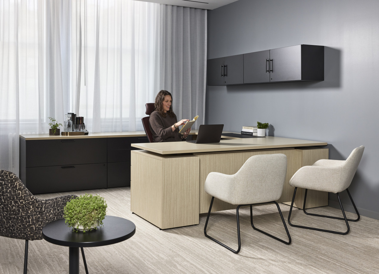 Preview of AIS NY Showroom, Calibrate Private Office, Height Adjustable Desk, Storage, Natick Executive, Juggle Side Chair, Delago