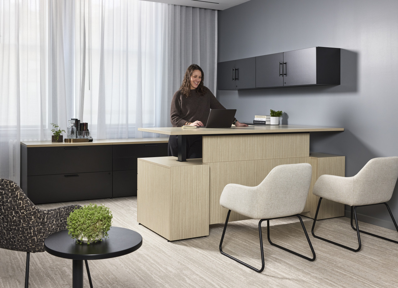 Preview of AIS NY Showroom, Calibrate Private Office, Height Adjustable Desk, Storage, Natick Executive, Juggle Side Chair, Delago