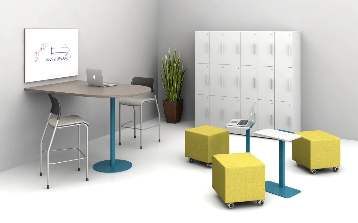 Preview of Day-to-Day wall-mounted Collaborative Table with disc base, Pierce Stools, Calibrate Lockers, Volker Cubes and Laptop tables