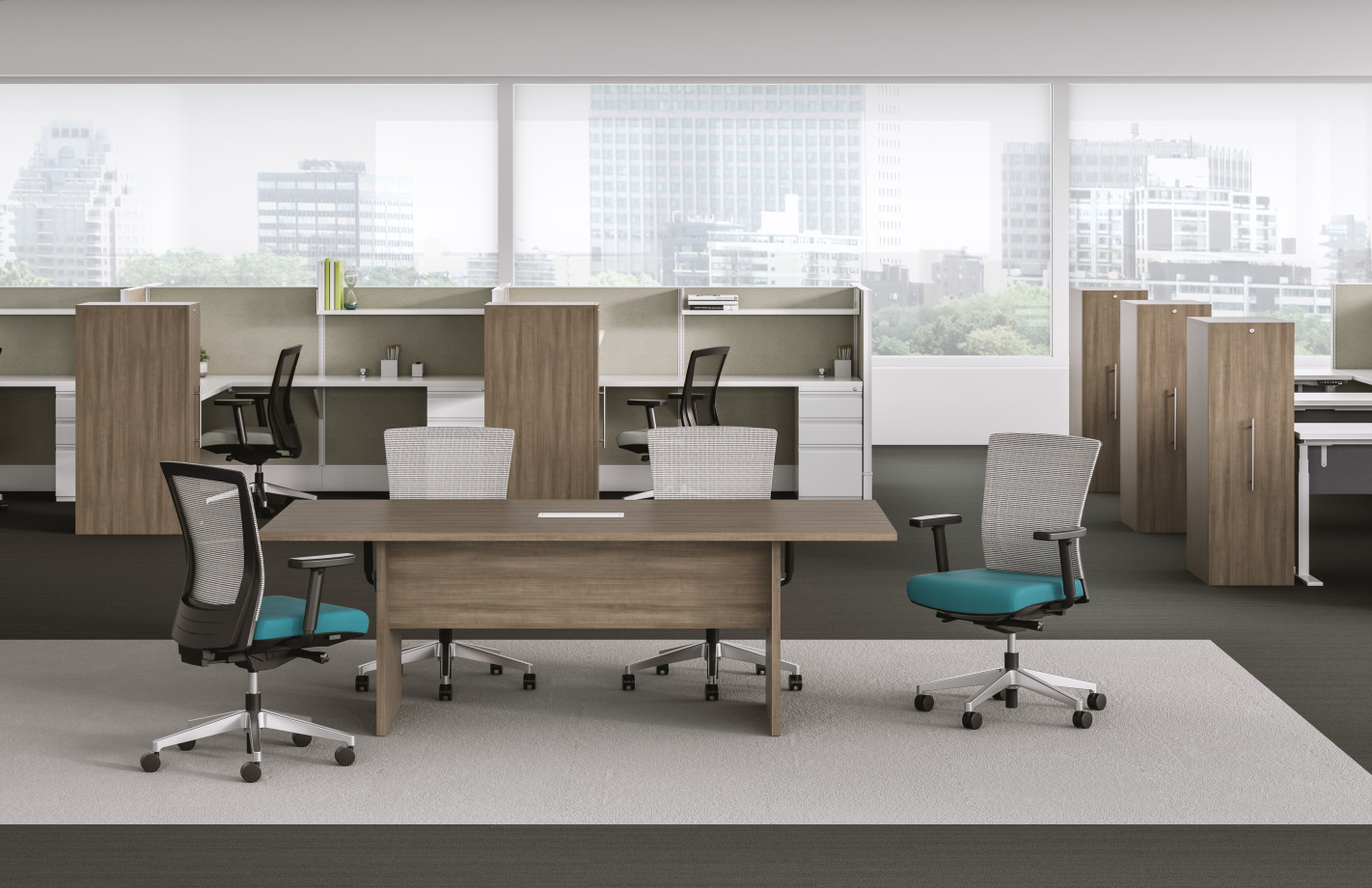 Preview of Calibrate Series Recessed End Panel Conference Table with half modesty, Divi and Upton also shown