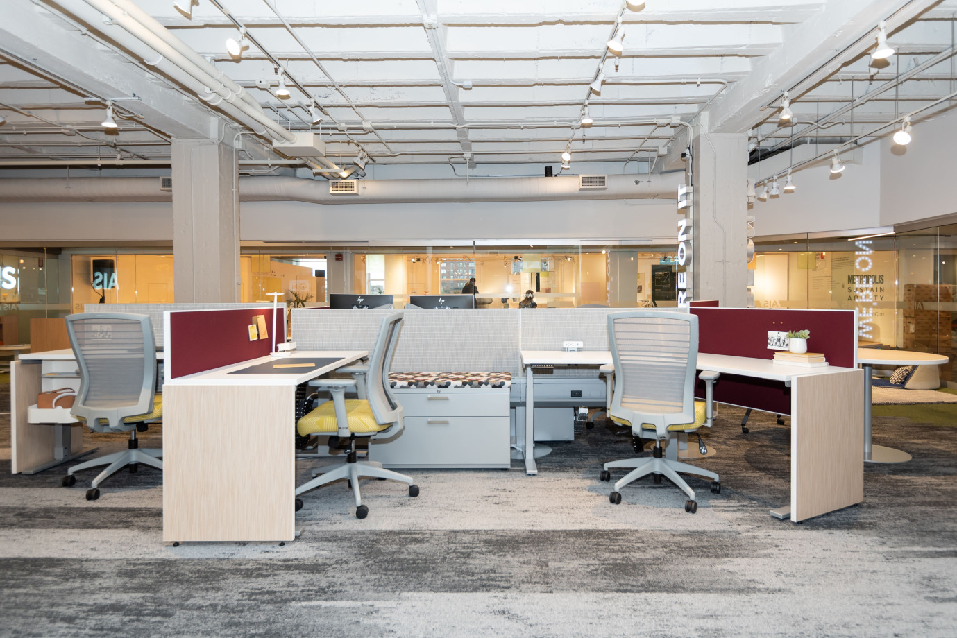 Preview of NeoCon 2021 Day-to-Day PowerBeam with height adjustable tables, L Series Steel storage, Disc base table and Natick Seating
