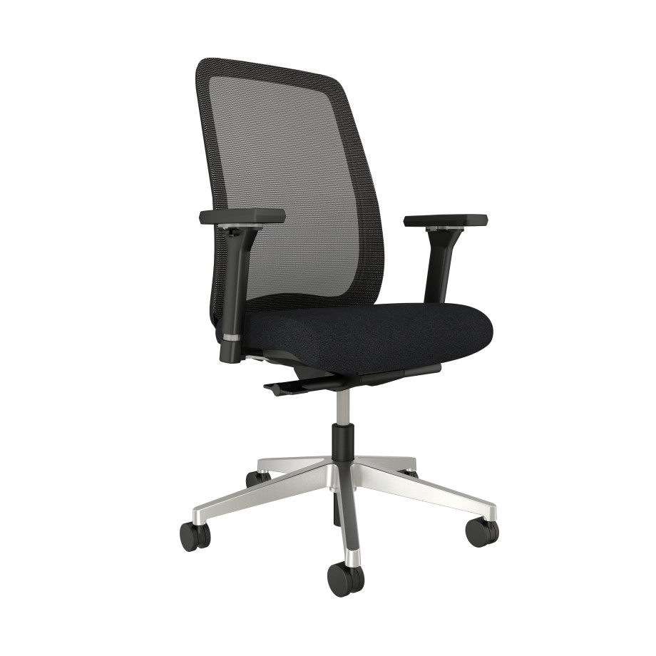 Preview of Bolton High Back with aluminum base, black solid mesh, 4D Arms and standard black fabric seat, front left view