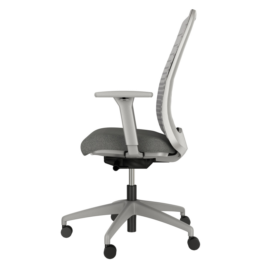 Preview of Bolton High Back, with grey base, grey graduated/striped mesh, and standard grey fabric seat, Side View