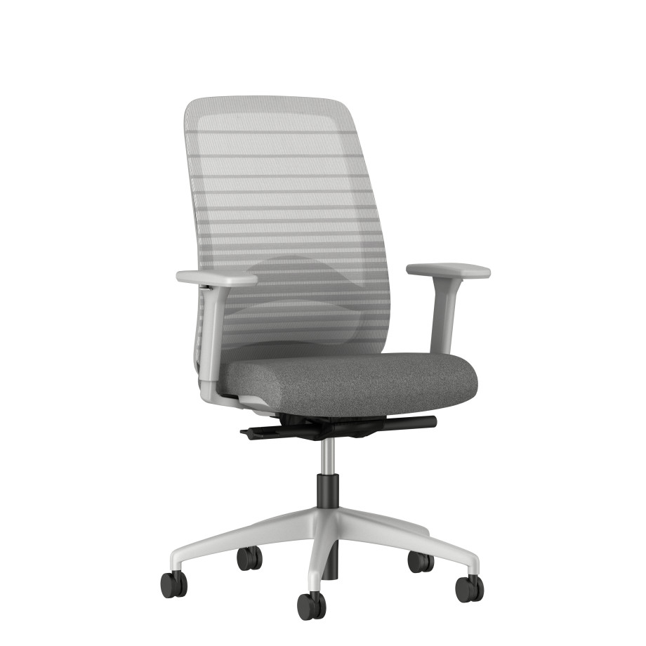 Preview of Bolton High Back, grey base, grey graduated/striped mesh, with lumbar and standard grey fabric, front left view