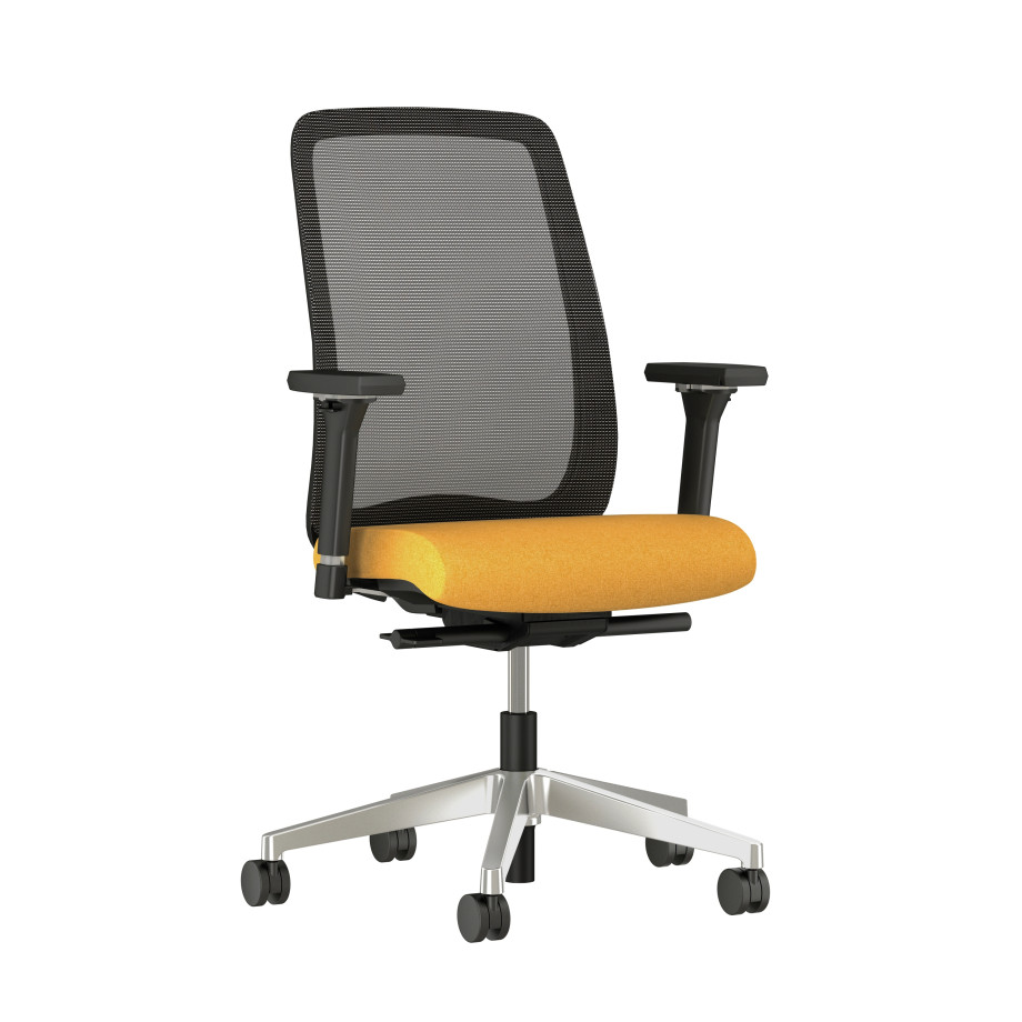 Preview of Bolton High Back Seating with Black Mesh, 4D Arms, and Mayer Fedora Topaz Fabric, front quarter view