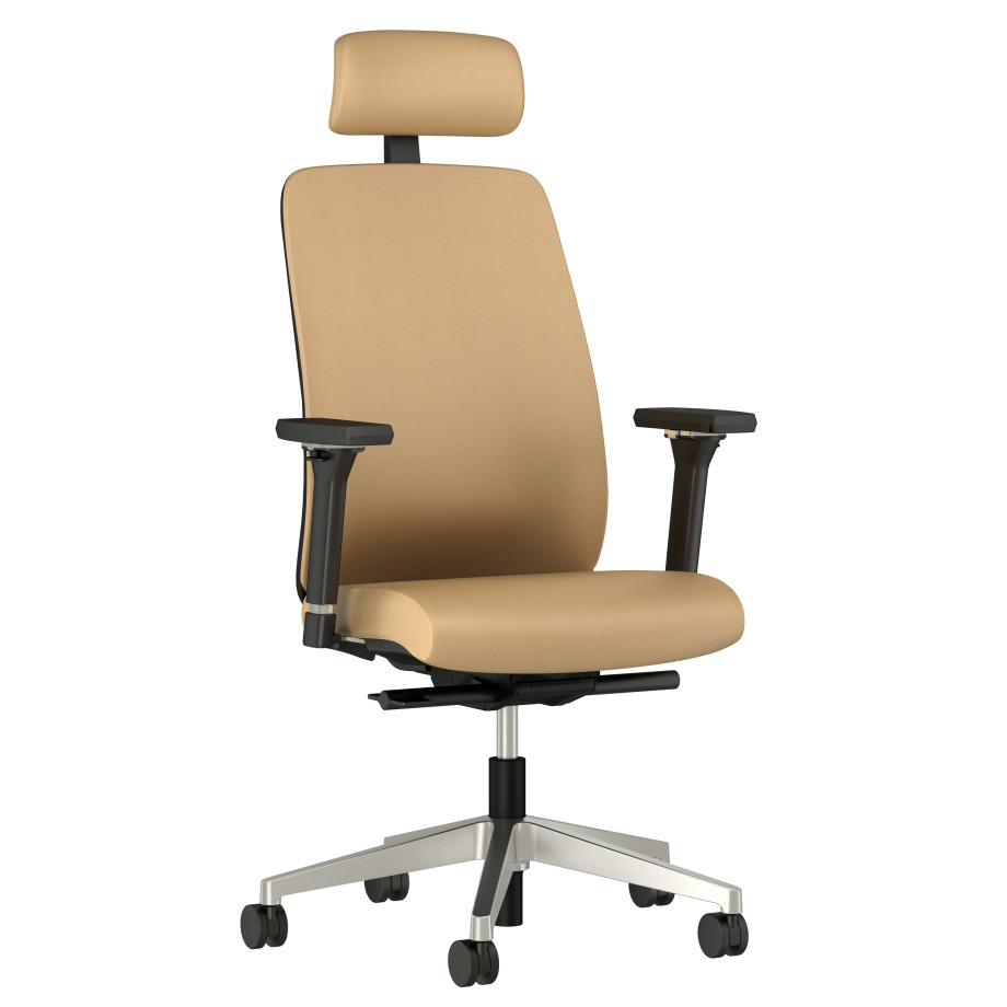 Preview of Bolton High Back with Aluminum Base, Headrest, 3D Arms, Fully Upholstered in Wellesley Quarry Polyurethane, 3/4 View