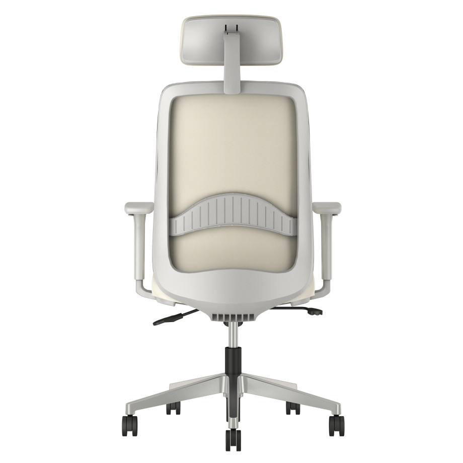 Preview of Bolton High Back with Aluminum Base, Headrest, Lumbar, 3D Arms, Fully Upholstered in Wellesley Snow Polyurethane, Back View
