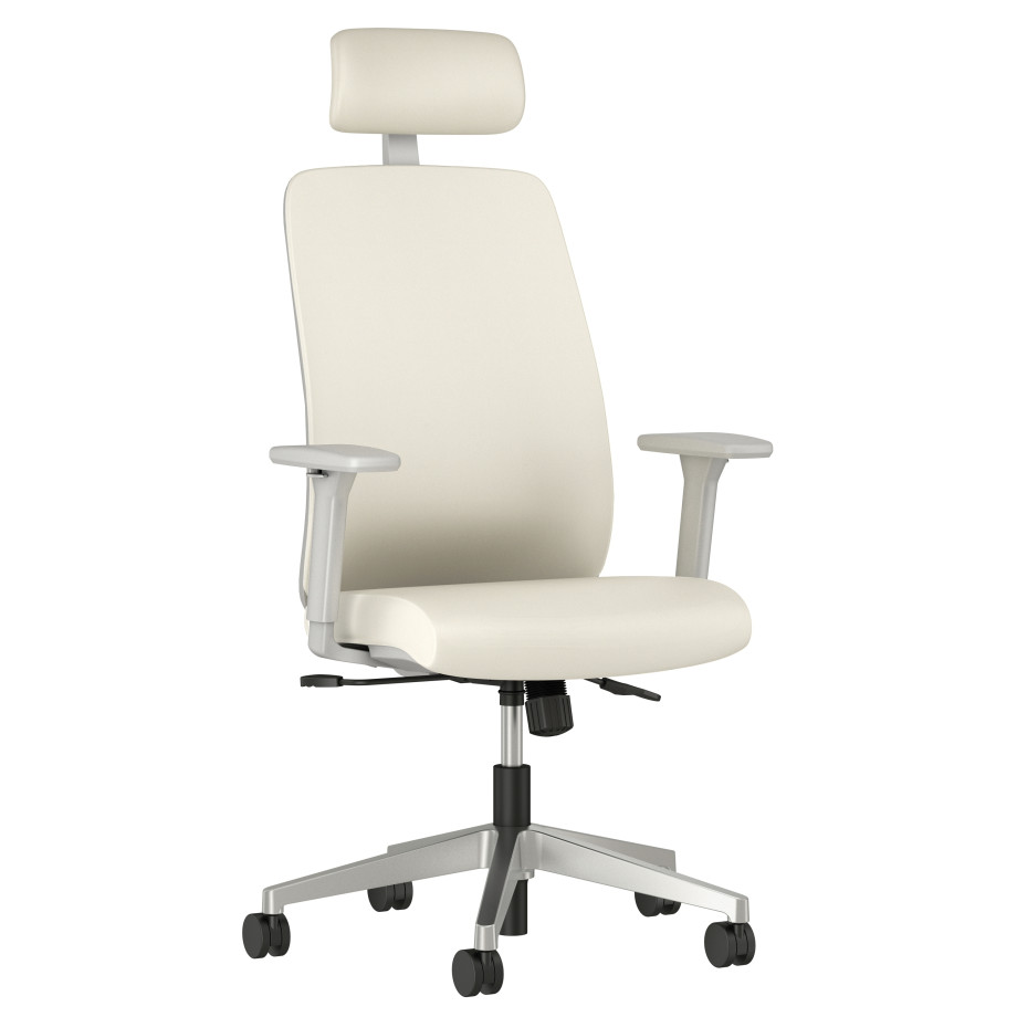 Preview of Bolton High Back with Aluminum Base, Headrest, Lumbar, 3D Arms, Fully Upholstered in Wellesley Snow Polyurethane, 3/4 View