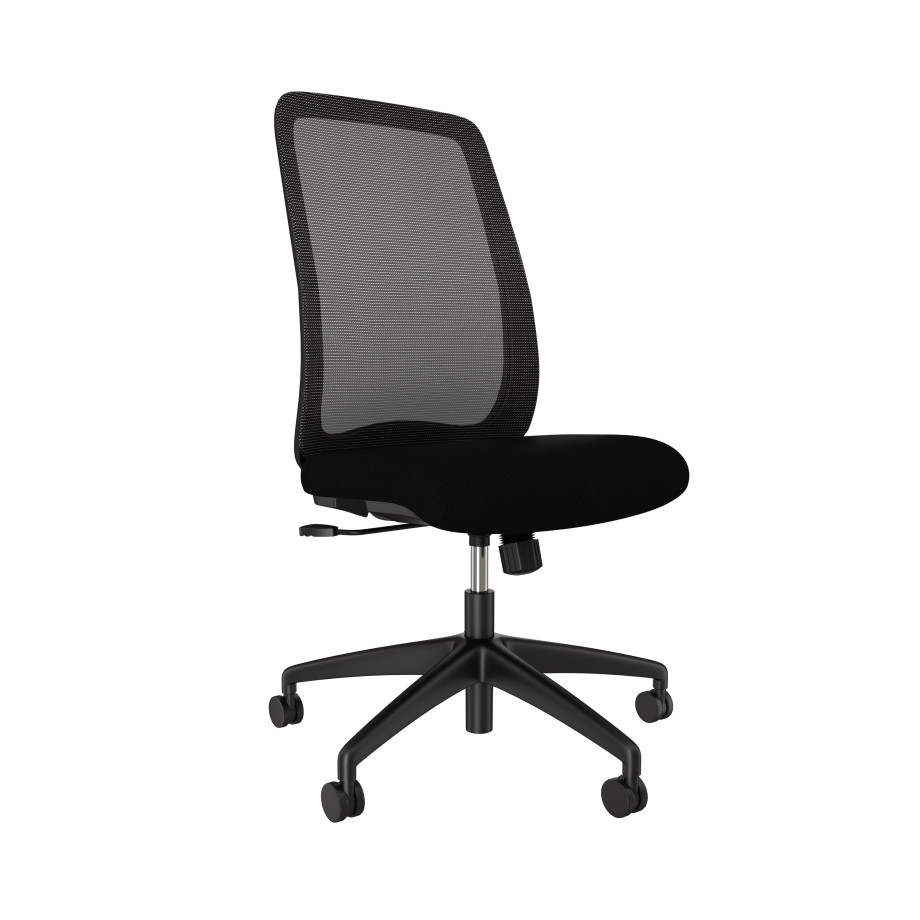 Preview of Bolton High Back, Armless, Black Base, Black Solid Mesh, standard black fabric seat, front left copy