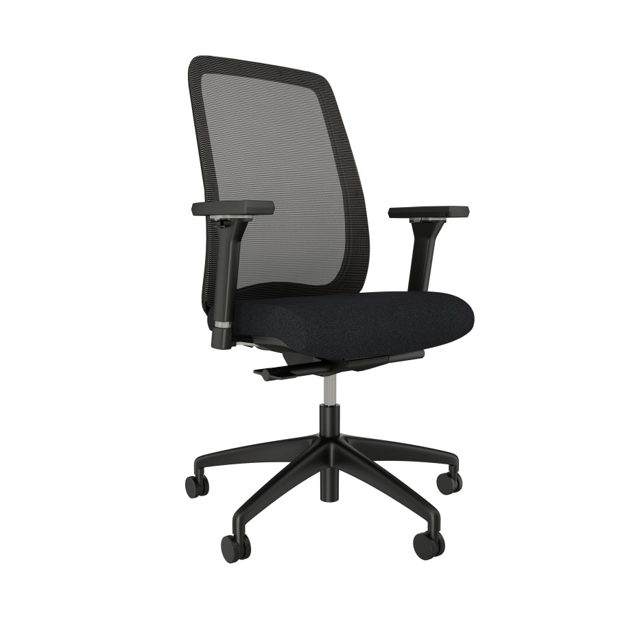 Preview of Bolton Highback with Black Base, Black Solid Mesh, 4D Arms and Standard Black Fabric Seat, Front Left View