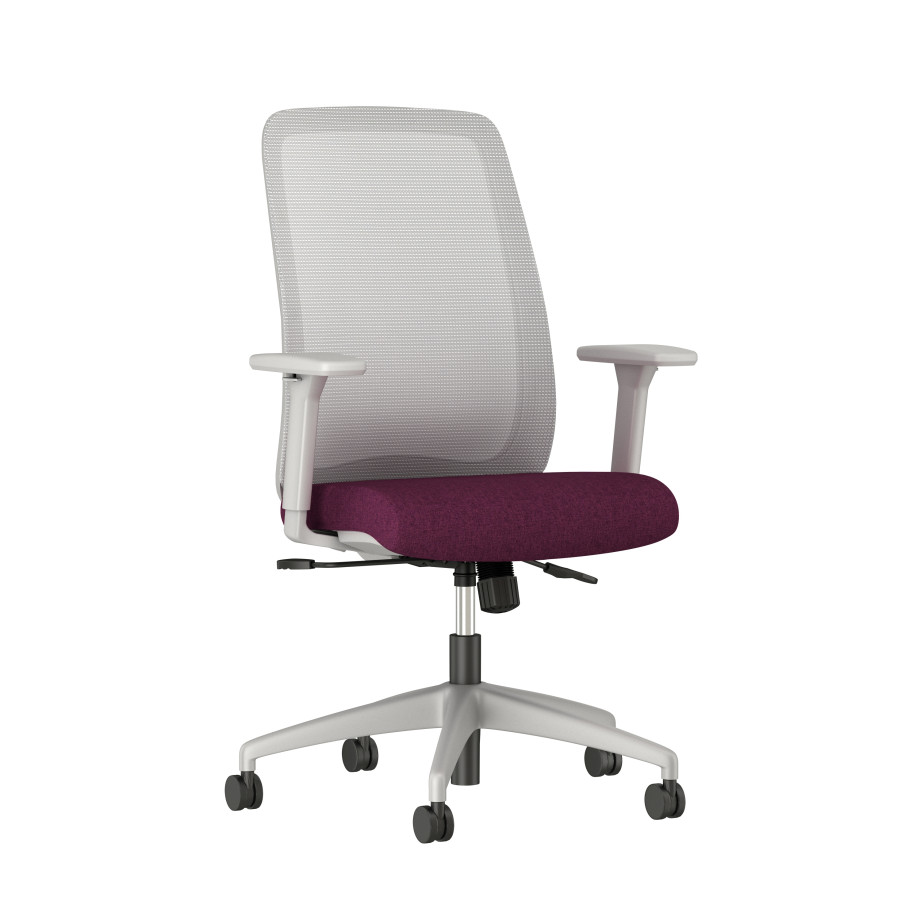 Preview of Bolton High Back with Grey Base and Frame, Grey Mesh and Fedora Plum Fabric; front quarter view