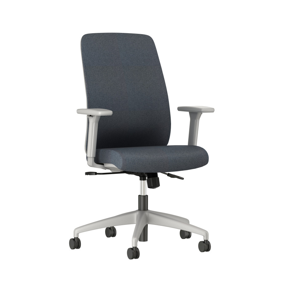 Preview of Bolton High Back with black Base, 4D Arms, Fully upholstered with Maharam Messenger Cloud Fabric, front view