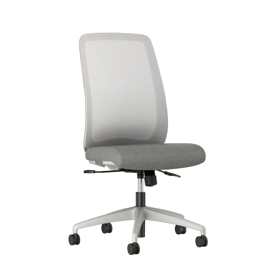 Preview of Bolton High back armless with grey base, solid grey mesh, with standard grey fabric seat, front left view