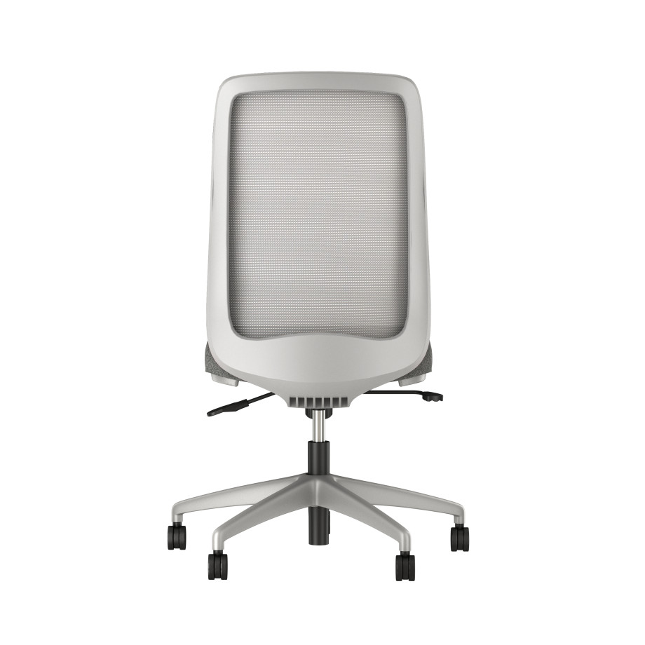 Preview of Bolton High back armless with grey base, solid grey mesh, with standard grey fabric seat, back view