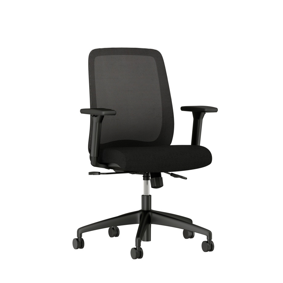 Preview of Bolton Mid Back with black base and frame, black mesh and black seat; 3/4 view