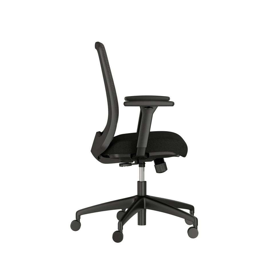 Preview of Bolton Mid Back with black base and frame, black mesh and black seat; left side view