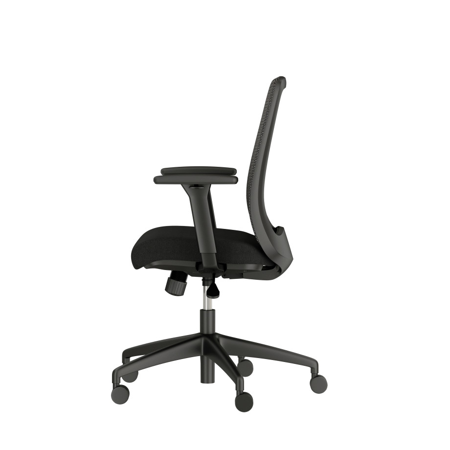 Preview of Bolton Mid Back with black base and frame, black mesh and black seat; right side view