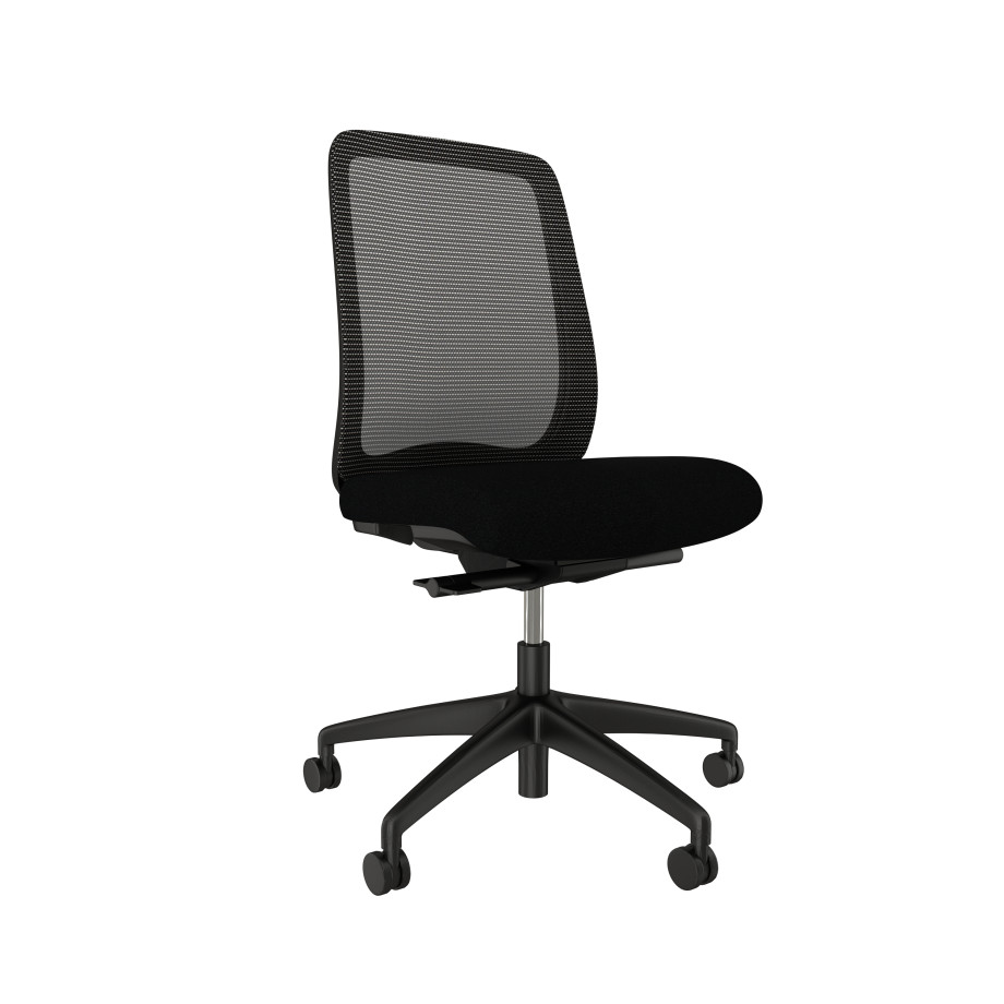 Preview of Bolton midback, black base, black solid mesh armless with standard black fabric seat, front left view