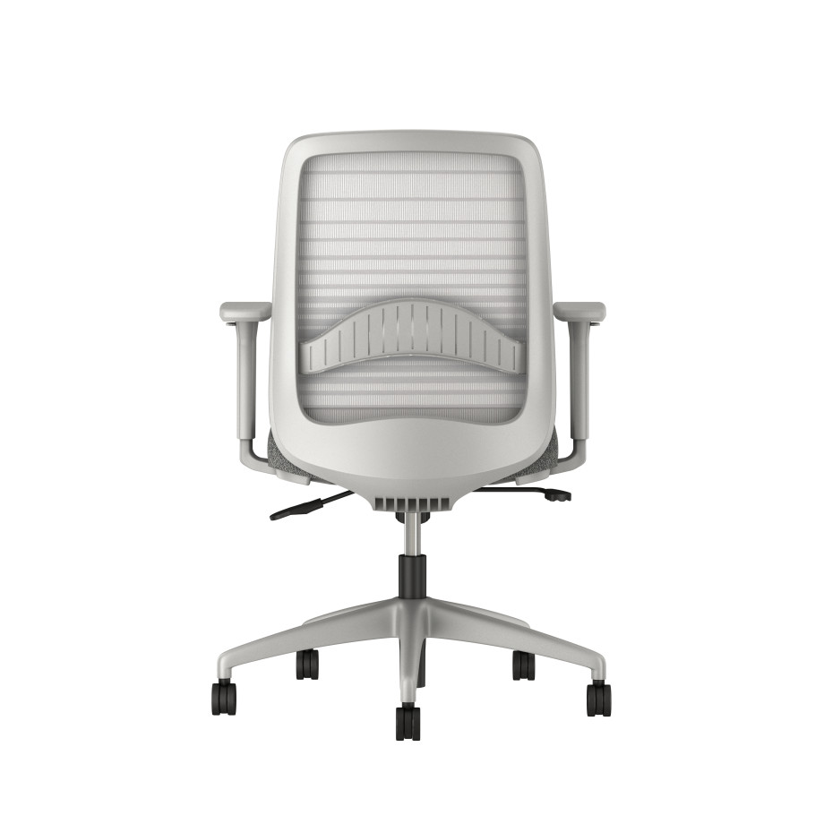 Preview of Bolton midback with grey base, grey graduated/striped mesh, with lumbar and standard grey fabric seat, back view