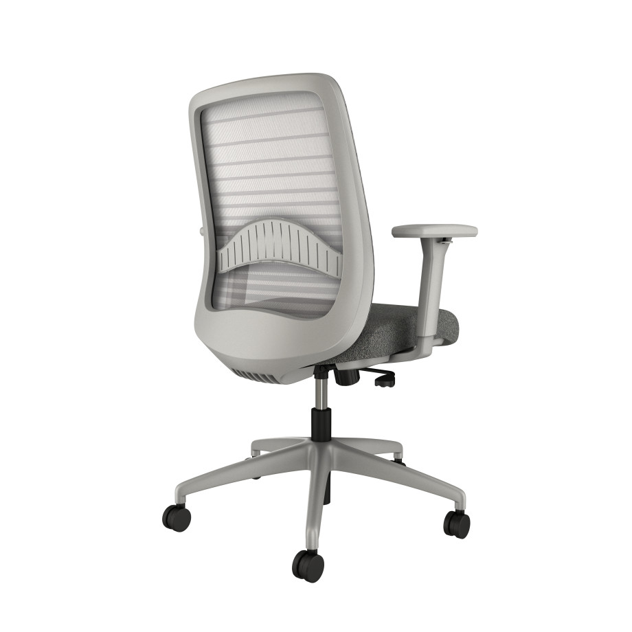 Preview of Bolton midback with grey base, grey graduated/striped mesh, and standard grey fabric, back right view