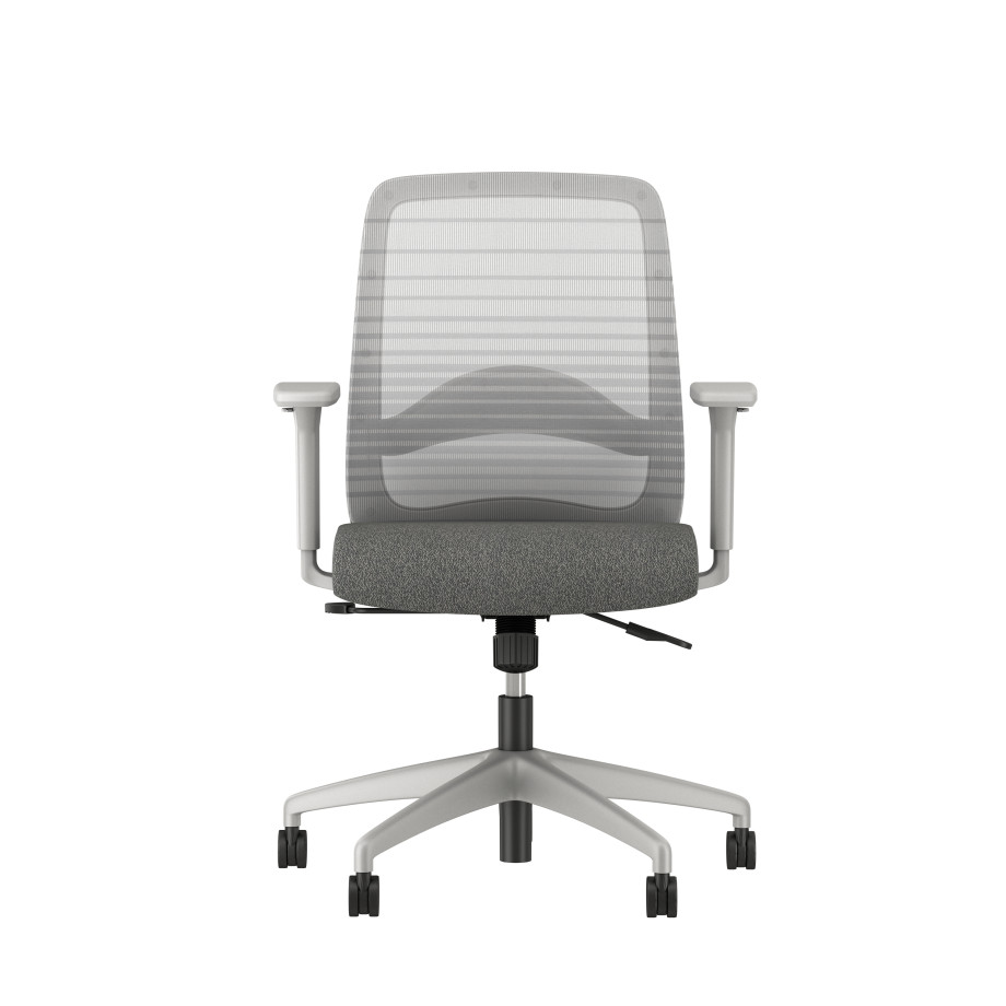 Preview of Bolton midback with grey base, grey graduated/striped mesh, with lumbar and standard grey fabric, front view 