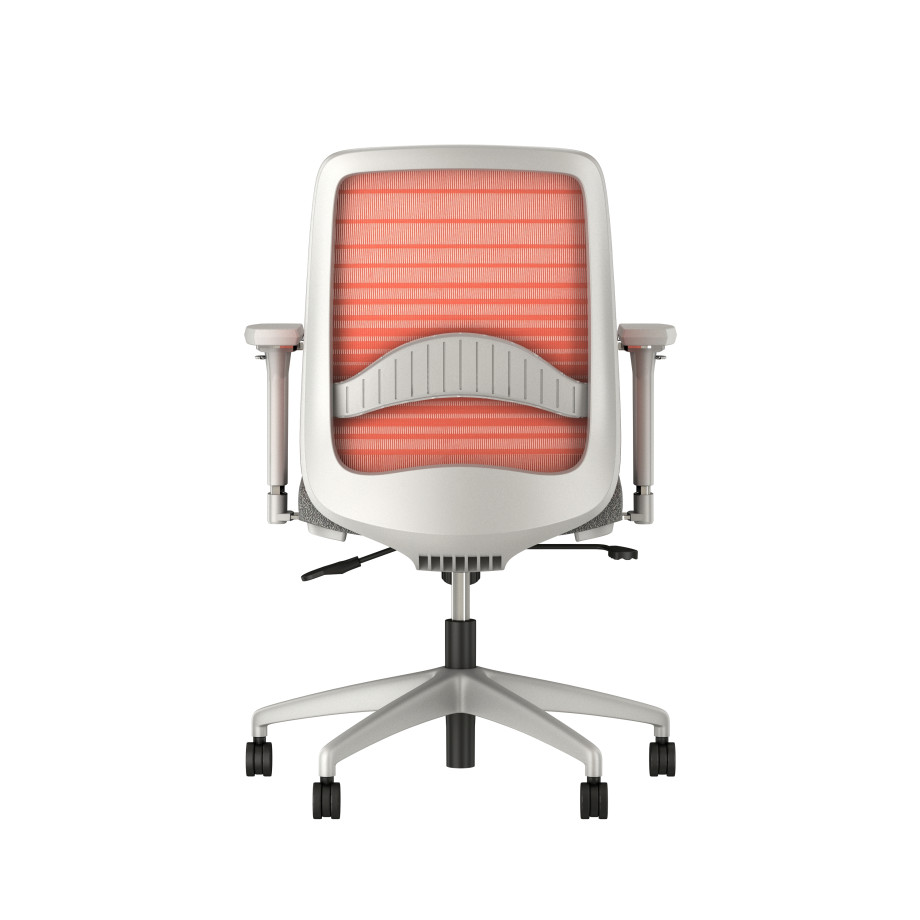 Preview of Bolton midback with grey base,&nbsp; orange graduated/striped mesh, lumbar and standard grey fabric seat, back view