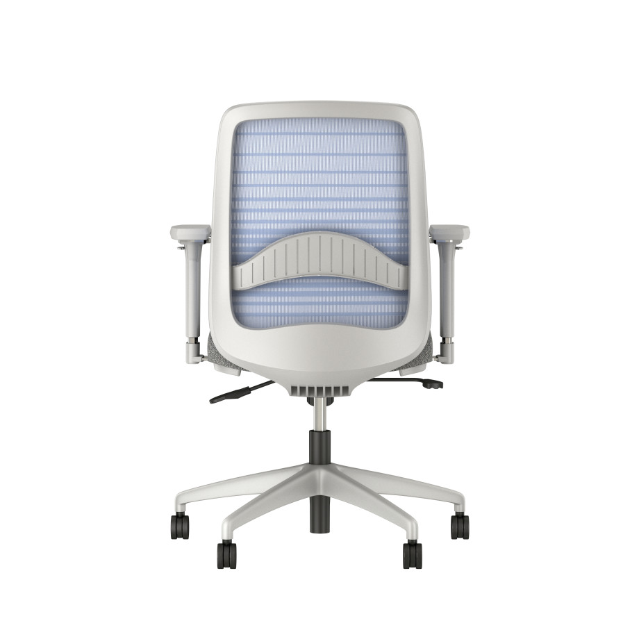Preview of Bolton mid back with gray base and frame, graduated/striped blue mesh with lumbar and standard grey fabric, back view