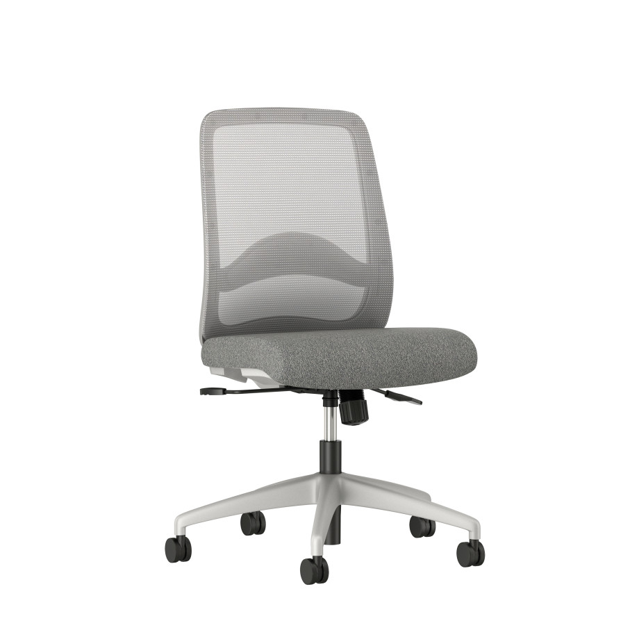 Preview of Bolton mid back with grey solid base, grey mesh, armless, with standard grey fabric, front left view