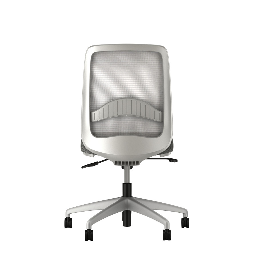 Preview of Bolton mid back with grey solid base, grey mesh, armless, with standard grey fabric, back view