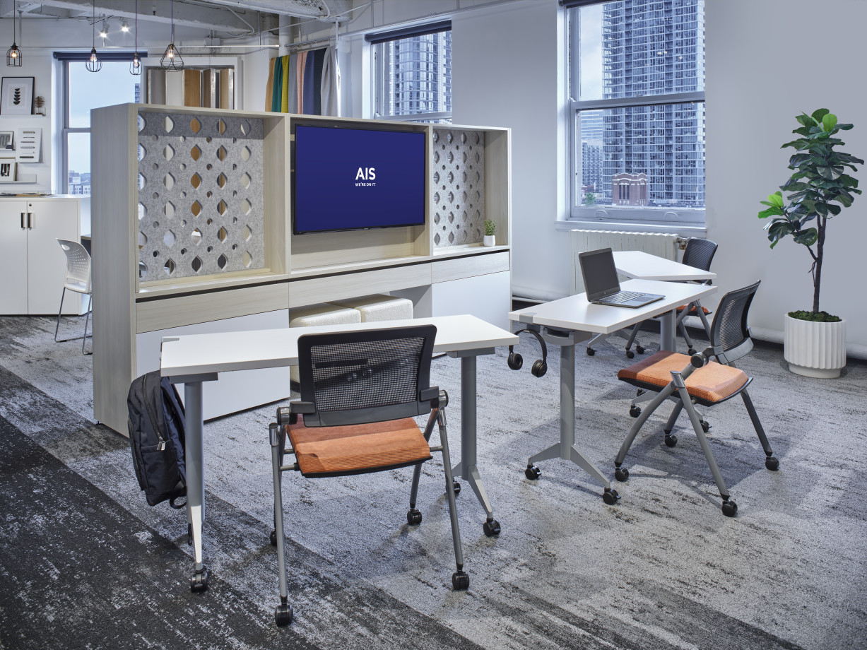 Preview of NeoCon 2022 Flip-top tables with Stow nesting seating  with Calibrate Community workwall