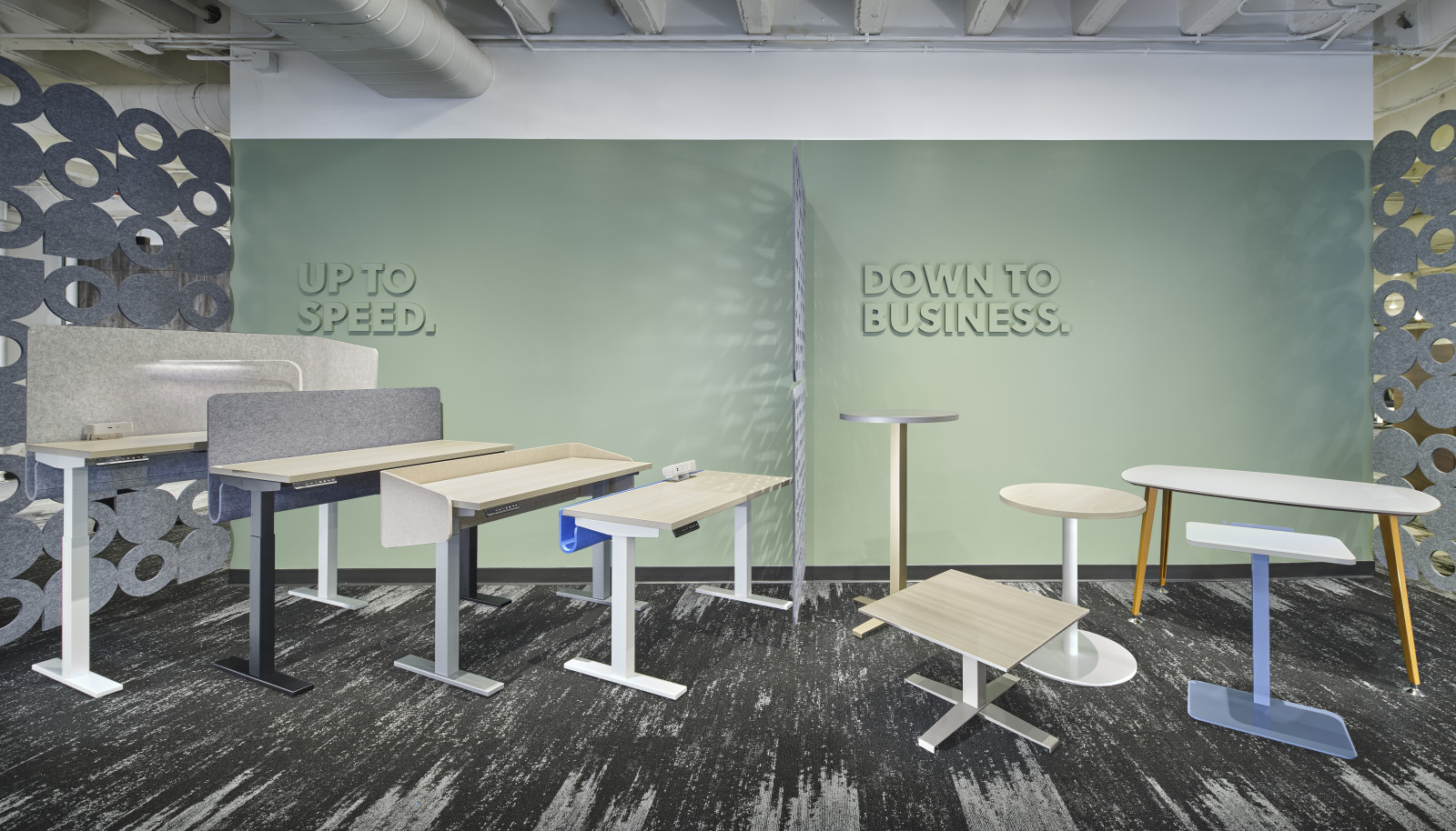 Preview of NeoCon 2022 Tables Display: E-Series with PET Enclosures and Wire Managment with various Day-to-Day tables