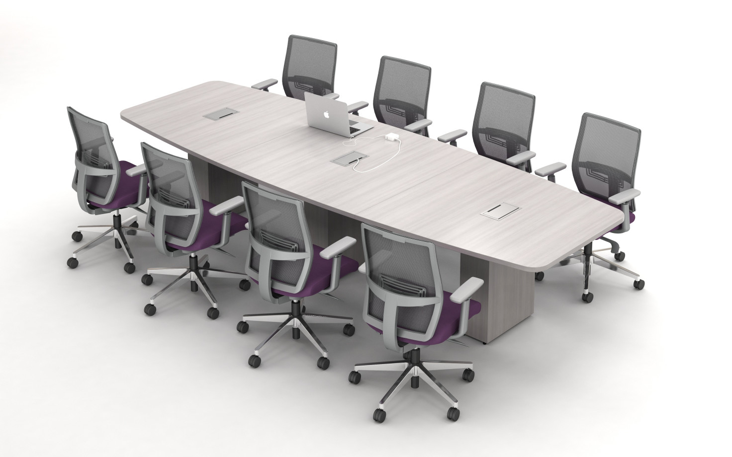 Preview of Calibrate Conferencing with Pebble Top, Three Bases and incorporated Power.&nbsp; Shown with Devens Task Seating.