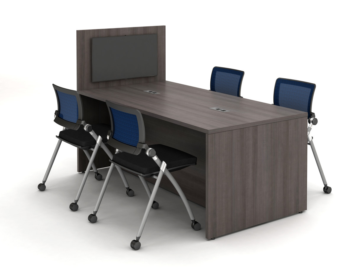 Preview of Calibrate Series Flush End Panel Conference Table, with extension for monitor mounting, power incorporated, with Stow Seating