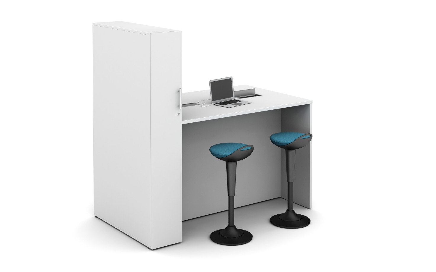 Preview of Calibrate Series Flush End Panel Conference Table with locker incorporated, Standing Height Power and Rutland Stools