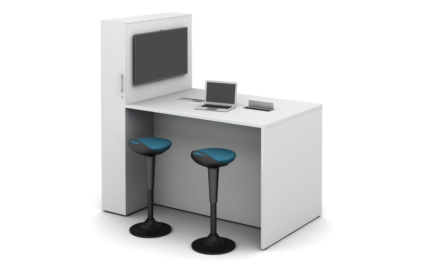Preview of Calibrate Conference Panel End with locker incorporated with standing height power, monitor and Rutland Perch Stools