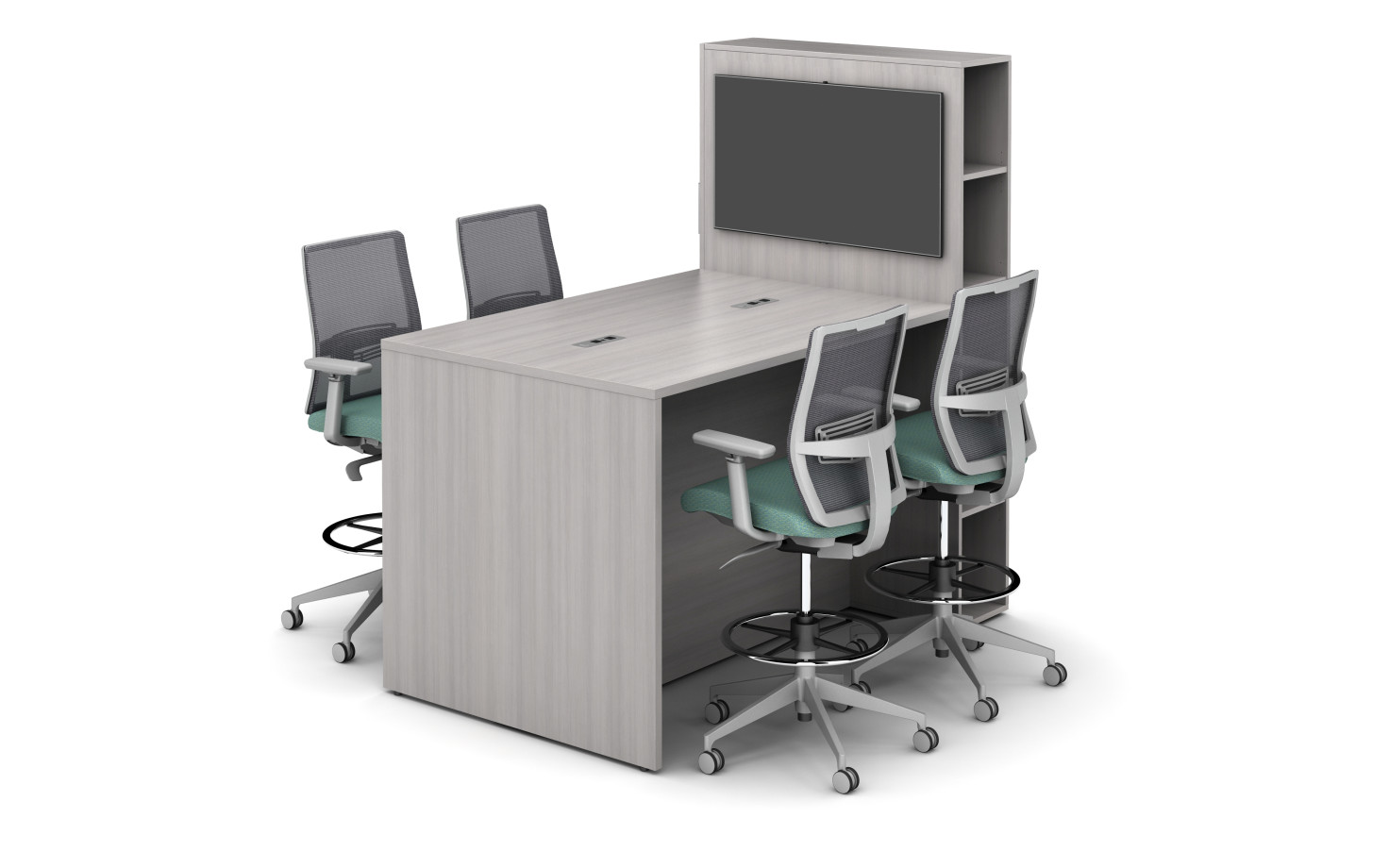 Preview of Calibrate Flush End Panel Conference table with Locker for Monitor Mounting, Devens Stool Seating