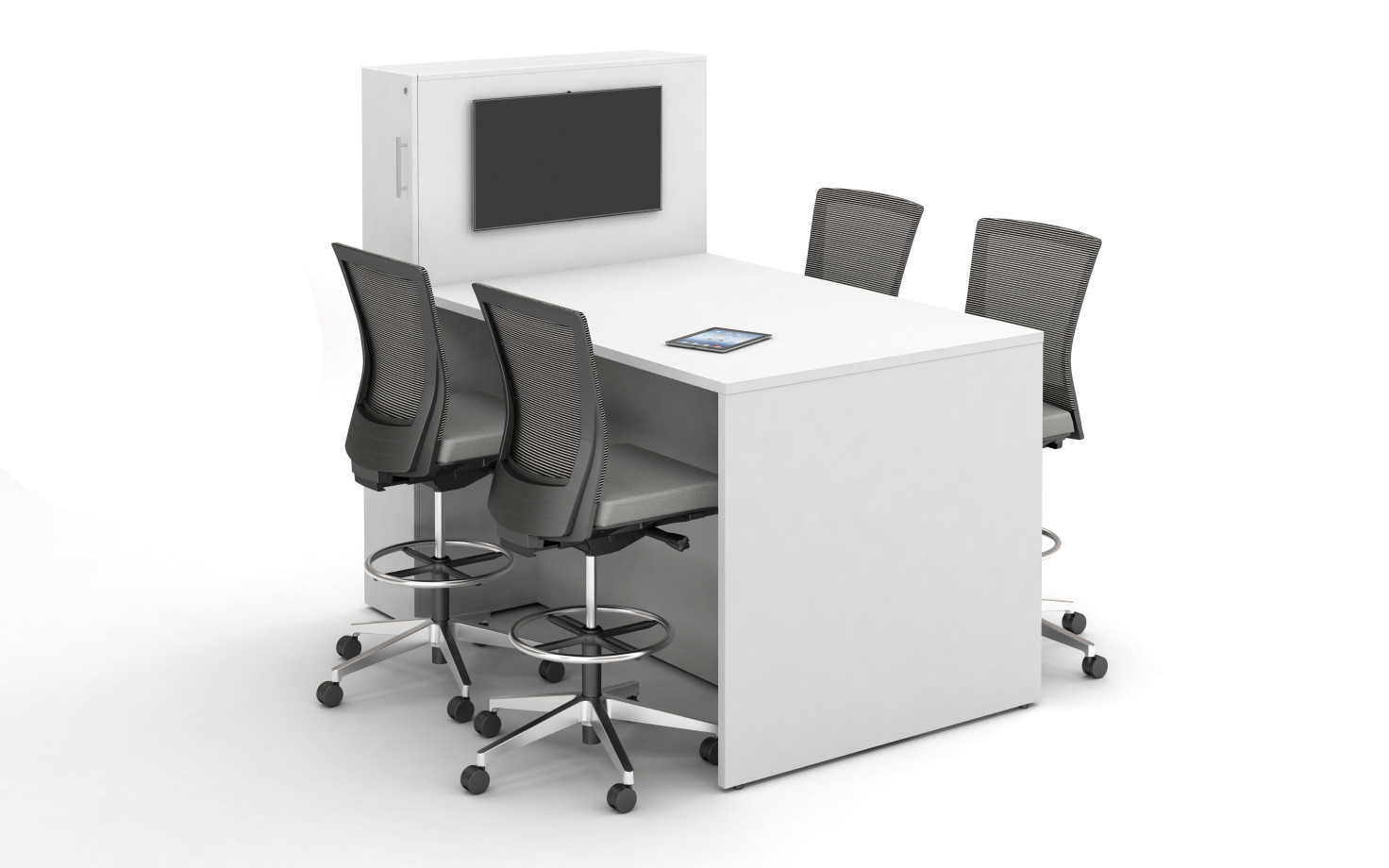 Preview of Calibrate Series Flush End Panel Conference Table, locker incorporated, ideal for monitor mounting, standing height; shown with Upton Stools