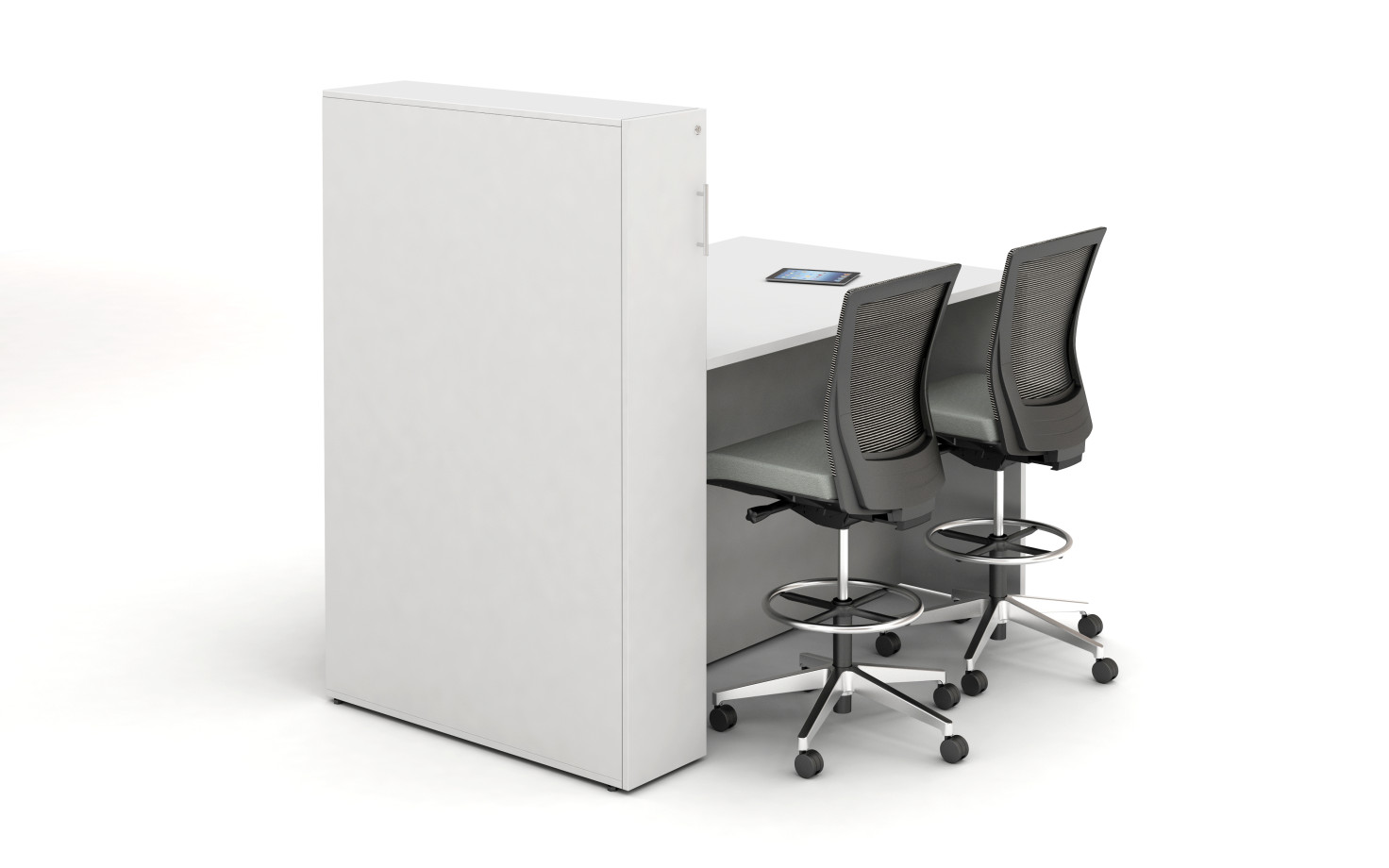 Preview of Calibrate Series Flush End Panel Conference Table, Locker incorporated, ideal for monitor mounting, standing height, back view;shown with Upton Stools