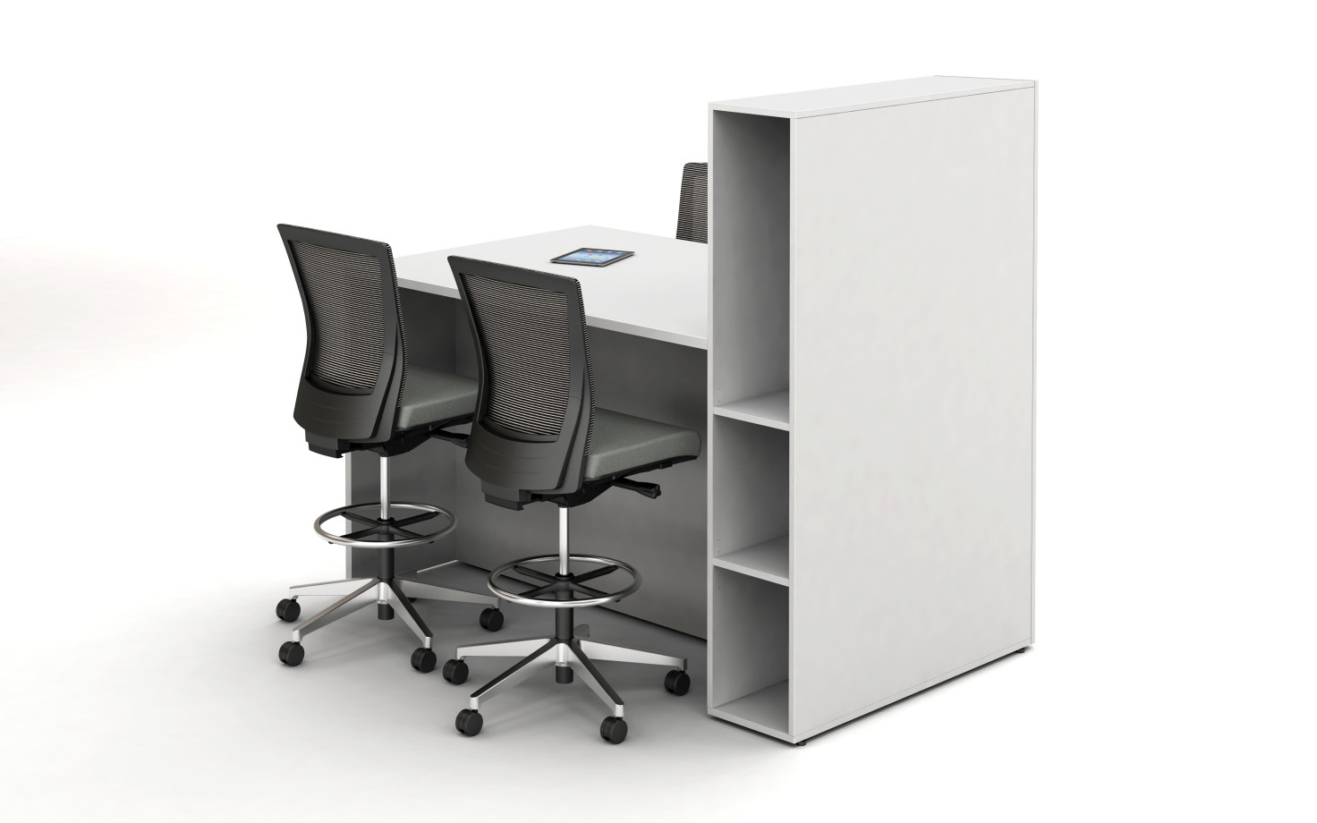 Preview of Calibrate Series Flush End Panel Conference Table, Calibrate Locker incorporated, ideal for monitor mounting, standing height, left back view ;shown with Upton Stools